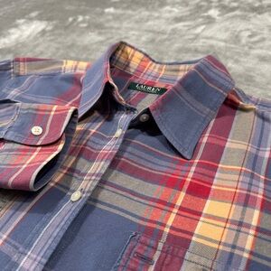 VTG Lauren Ralph Lauren Women Blue Red Long Sleeve Button Up Shirt Size XL